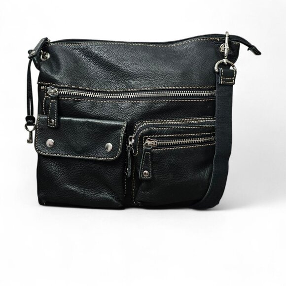 Fossil Vintage Pebble Leather Pocket Moto Black Messenger Shoulder Crossbody Bag - Picture 1 of 15